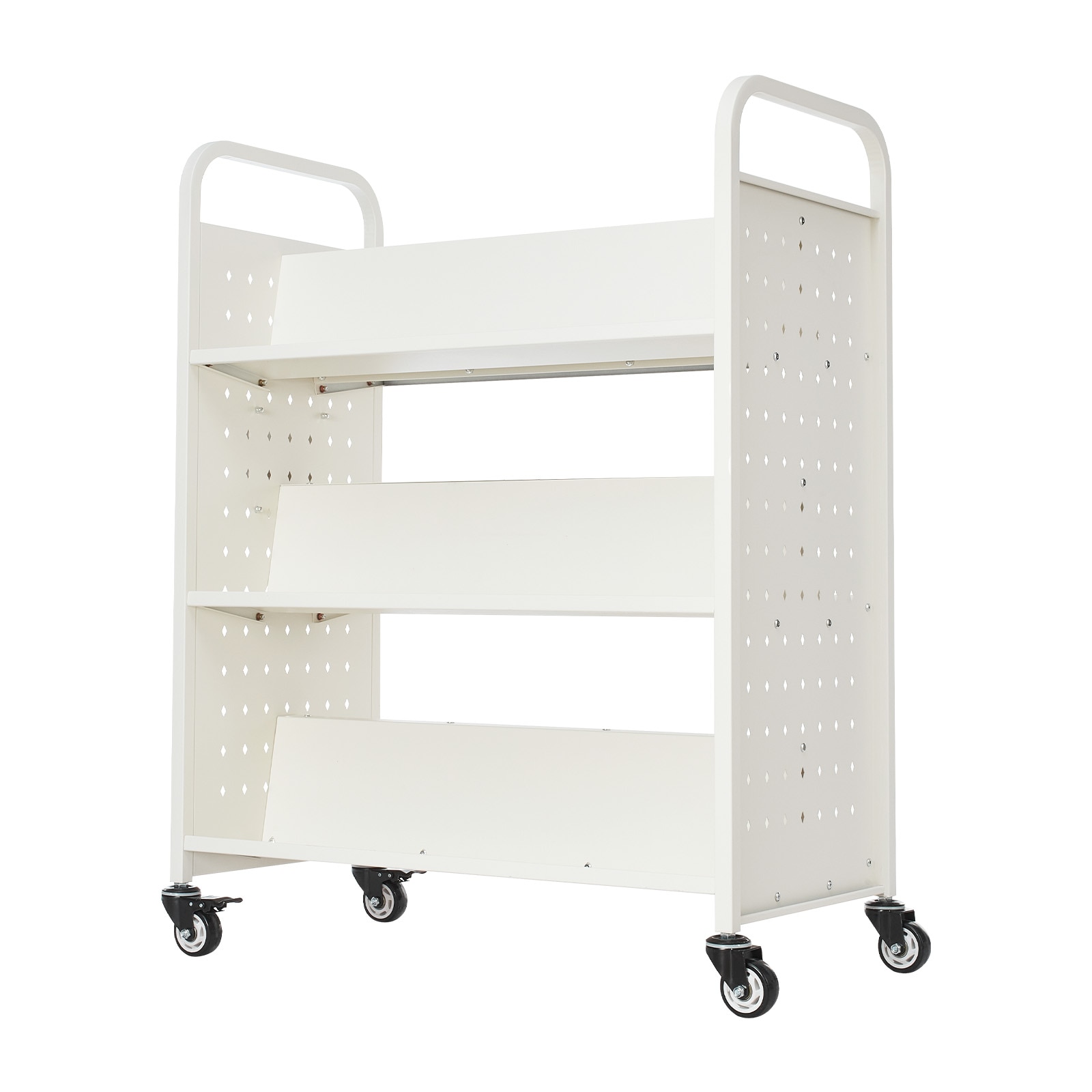 3-tier Rolling Book Cart Double Sided W-shaped Shelving Unit White_voghion.com